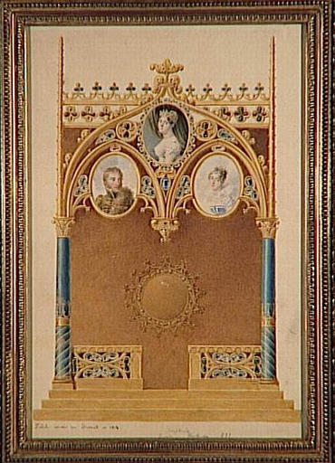 Projet de pendule gothique aux trois miniatures : Joséphine, Eugène et Hortense