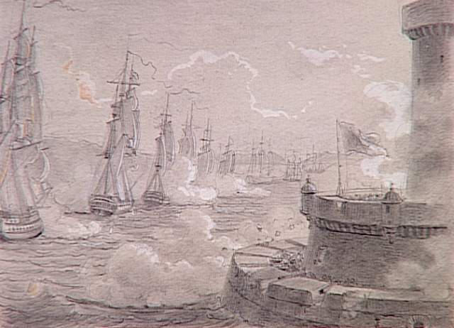 55 scènes de la Révolution, l'Empire et la Restauration Projets d'illustration : Attaque de Malte par la flotte française ( juin 1798)