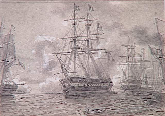 55 scènes de la Révolution, l'Empire et la Restauration Projets d'illustration : combat naval (prise de Malte ?)