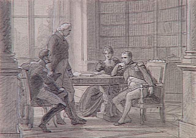 55 scènes de la Révolution, l'Empire et la Restauration Projets d'illustration : Napoléon et la reine Hortense recevant à Malmaison deux envoyés du Gouvernement provisoire (Bouley de la Meurthe et l'amiral Decrès ?) en juin 1815