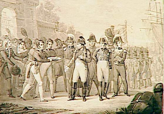 Le retour de l'île d'Elbe, débarquement de Napoléon Ier au Golfe-Juan dont le maire lui présente les clefs