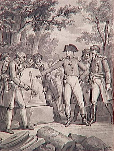 69 dessins pour l'illustration de l'Histoire de France sous l'Empire de Napoléon le Grand : le Premier Consul ordonne le rétablissement de la colonne d'Henri IV sur le champ de bataille d'Ivry, 1802