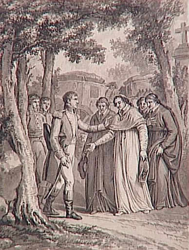 69 dessins pour l'illustration de l'Histoire de France sous l'Empire de Napoléon le Grand : L'Empereur va au devant du Pape à Fontainebleau 25 novembre 1804