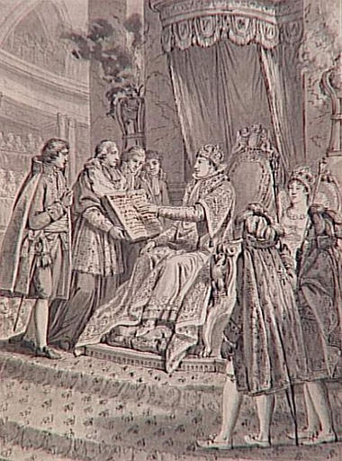 69 dessins pour l'illustration de l'Histoire de France sous l'Empire de Napoléon le Grand : Serment prêté par l'Empereur le jour de son couronnement, 2 décembre 1804