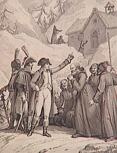 69 dessins pour l'illustration de l'Histoire de France sous l'Empire de Napoléon le Grand : l'Empereur accorde de nouveaux bienfaits aux religieux de l'Hospice du Mont-Saint-Bernard (1805)