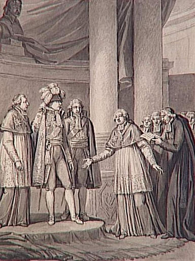 69 dessins pour l'illustration de l'Histoire de France sous l'Empire de Napoléon le Grand : Audience à Milan des évêques d'Italie présentés par le Grand Aumônier, 1805