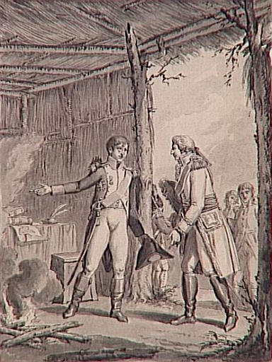 69 dessins pour l'illustration de l'Histoire de France sous l'Empire de Napoléon le Grand : l'Empereur reçoit dans son bivouac l'Empereur d'Allemagne