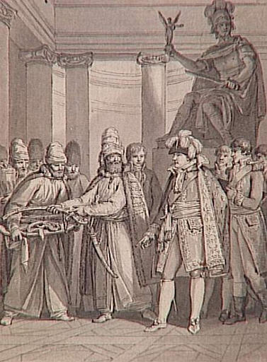 69 dessins pour l'illustration de l'Histoire de France sous l'Empire de Napoléon le Grand : l'empereur donne audience à l'ambassadeur du roi de Perse