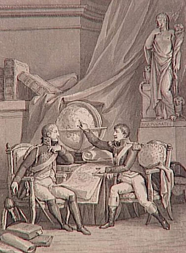 69 dessins pour l'illustration de l'Histoire de France sous l'Empire de Napoléon le Grand : entrevue des empereurs Napoléon et Alexandre dans la ville d'Erfurt