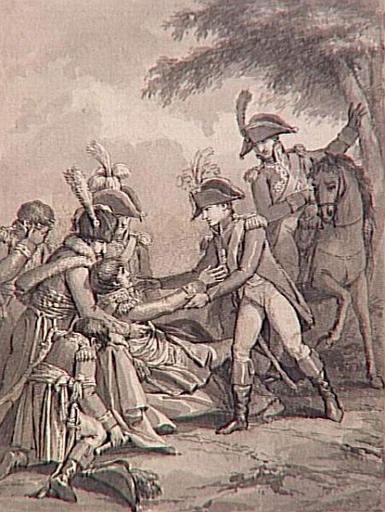 69 dessins pour l'illustration de l'Histoire de France sous l'Empire de Napoléon le Grand : le Duc de Montebello est blessé à mort à la bataille d'Essling