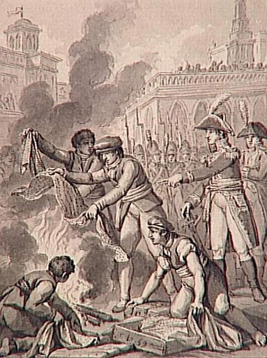 69 dessins pour l'illustration de l'Histoire de France sous l'Empire de Napoléon le Grand : Brûlement des marchandises anglaises à Amsterdam