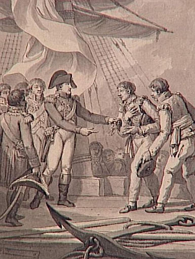 69 dessins pour l'illustration de l'Histoire de France sous l'Empire de Napoléon le Grand : L'Empereur donne la Croix d'Honneur à deux pilotes (sur le vaisseau Charlemagne)