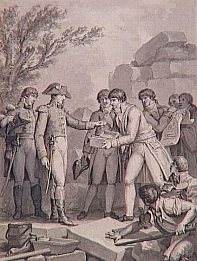 69 dessins pour l'illustration de l'Histoire de France sous l'Empire de Napoléon le Grand : Le Premier Consul pose la première pierre des façades de la Place Bellecour à Lyon