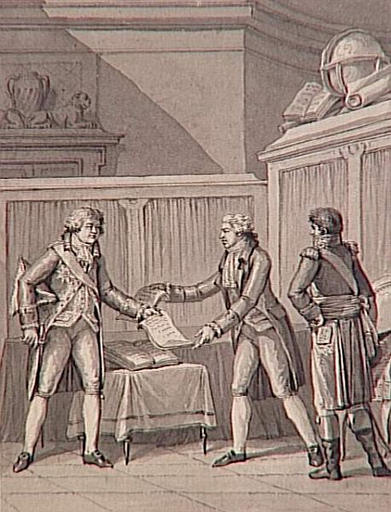 69 dessins pour l'illustration de l'Histoire de France sous l'Empire de Napoléon le Grand : M Otto remet à Lord Hawkesbury la ratification des préliminaires du traité de paix