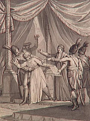 69 dessins pour l'illustration de l'Histoire de France sous l'Empire de Napoléon le Grand :Scène non identifiée: Arrestation d'une jeune Orientale présentant une supplique (?)