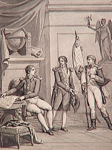 69 dessins pour l'illustration de l'Histoire de France sous l'Empire de Napoléon le Grand : Le Capitaine de Saix présente à l'Empereur le Drapeau trouvé dans la ville de Tortose