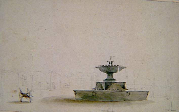 Recueil de 21 vues de Paris et de ses environs : fontaine avec une vasque sur une place entourée d'arbres (inachevé)
