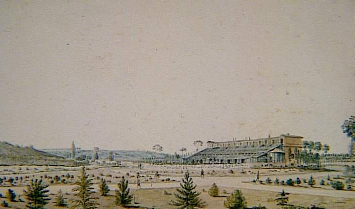 Recueil de 21 vues de Paris et de ses environs : la serre-chaude de Malmaison avec l'aqueduc de Marly au loin