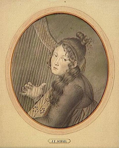 Portrait présumé de la reine Hortense de Beauharnais en buste, jouant de la harpe