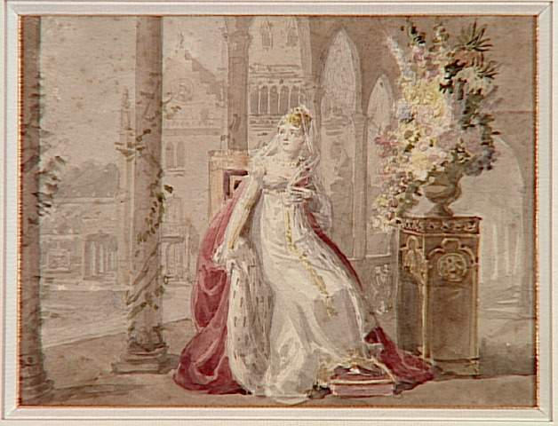 La Reine Hortense, en grand costume, assise dans la cour d'un édifice gothique