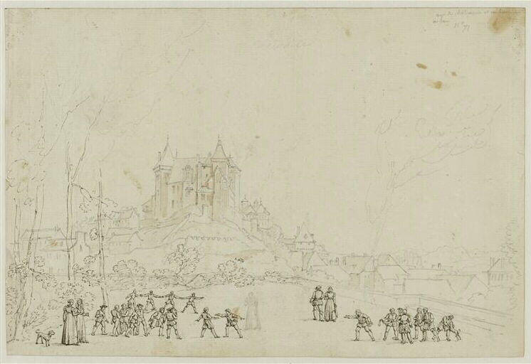 Vue du château de Pau avec Henri IV jouant aux barres