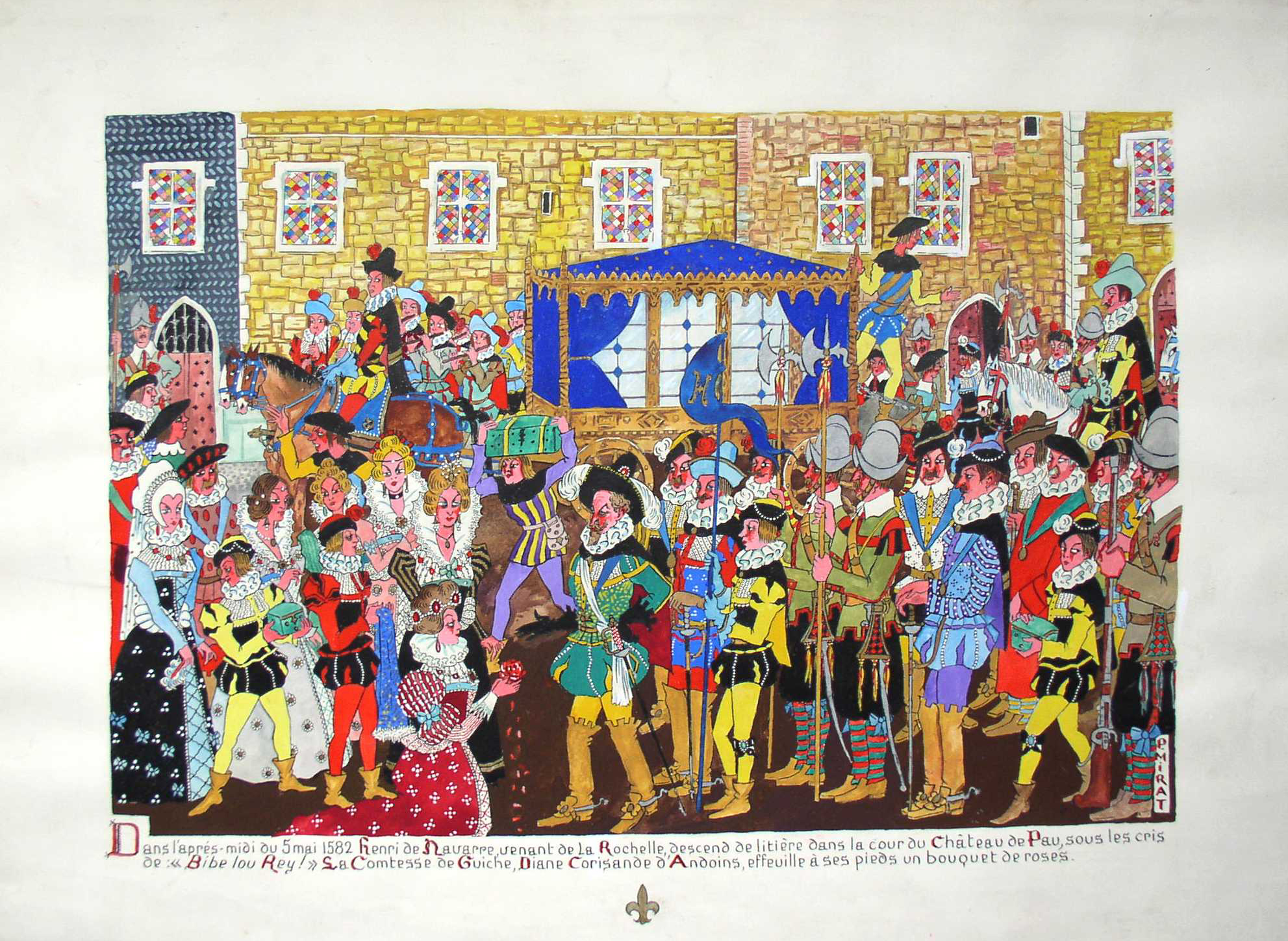 5 mai 1582. Henri de Navarre venant de la Rochelle descend de la litière dans la cour du Château de Pau