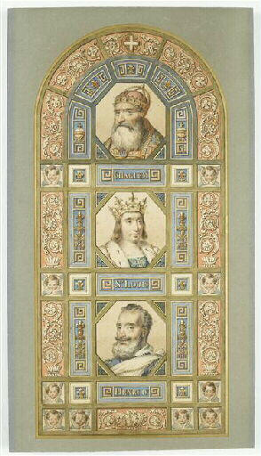 Charlemagne, St Louis, Henri IV (dans des médaillons superposés)
