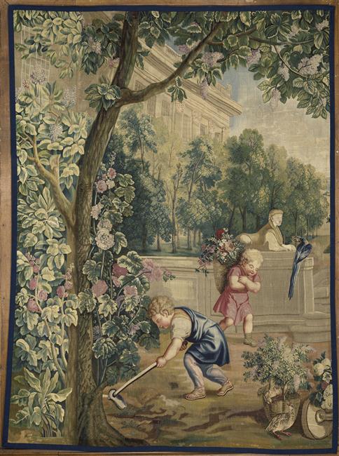 Les enfants jardiniers : Grand printemps - enfants sarclant et portant des fleurs (partie gauche) ; Entrefenêtre des Saisons