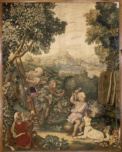 Les enfants jardiniers : Automne - enfants cueillant des raisins et jouant avec une chèvre et un chien