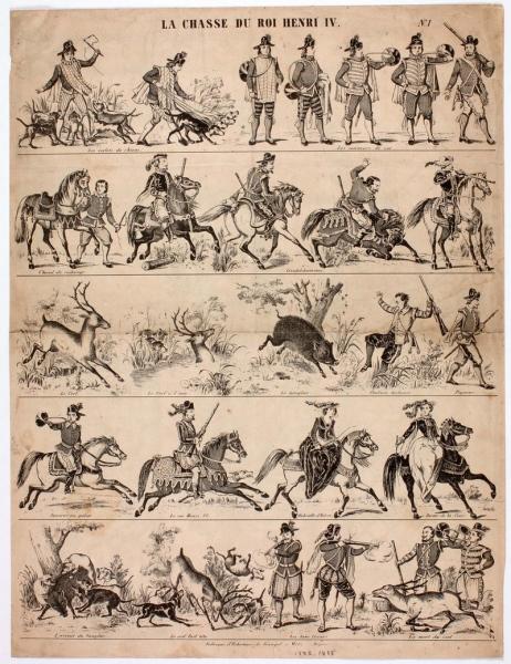 La chasse du roi Henri IV (au recto) ; Modèles pour découpages sur bois berceau (au verso)