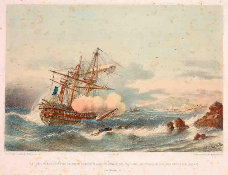Le Henri IV à la côte près d'Eupatoria, repousse avec ses canons des Gaillards. Une troupe de gaillards réunis sur la plage