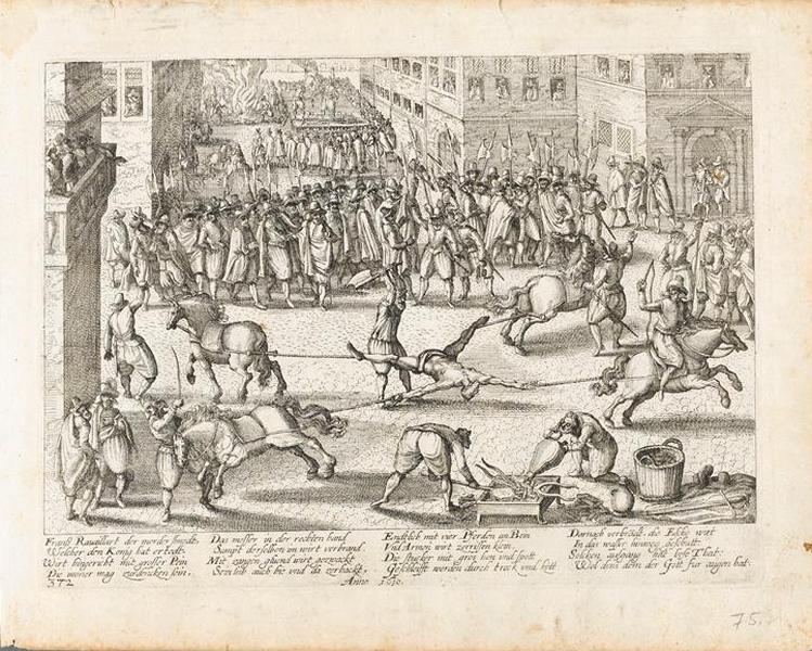 Supplice de Ravaillac ; Figure représentant le supplice et exécution de l'arrest de mort donné contre le très-meschant, très-abominable, et très-détestable parricide Ravaillac, le 27 May 1610 (titre complet)