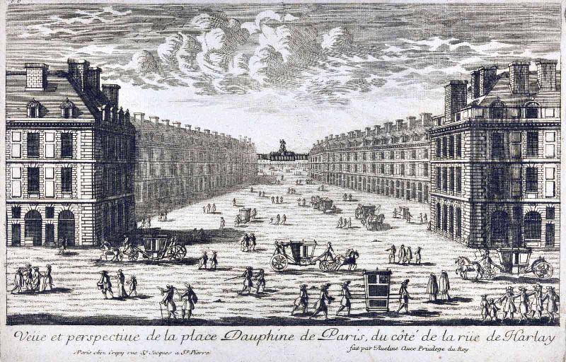 Vue perspective de la Place Dauphine de Paris (du côté de la Rue de Harlay) ; Vue d'optique (du côté de la Rue de Harlay)