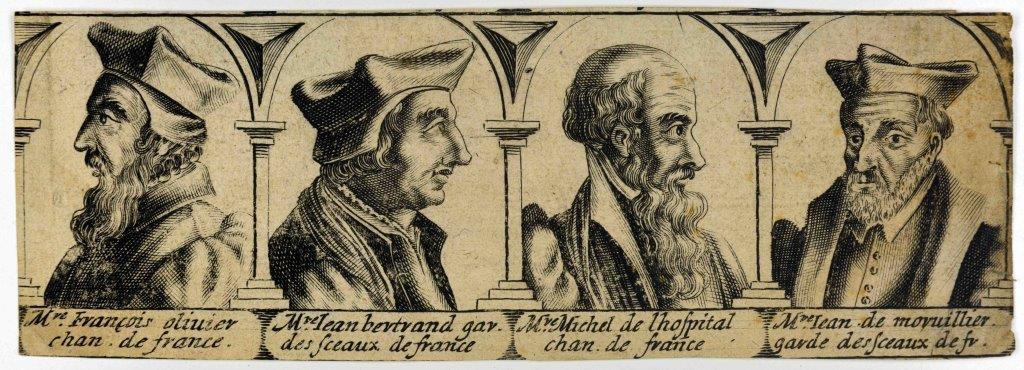 Portraits de quatre chanceliers ; Michel de l'Hospital, François d'Olivier, Jean Bertrand et Jean de Morvilliers.
