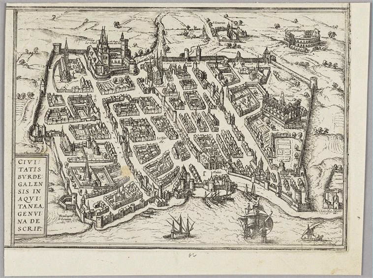 Bordeaux ; Plan ; Album (factice) (Braun et Hogenberg :"Civitates Orbis Terrarum" , Cologne, 1572, volume I)