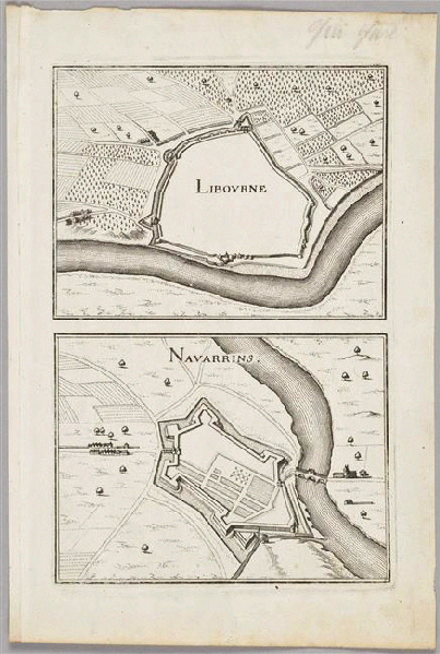 Libourne et Navarrenx ; Recueil (factice) (vraisemblablement extrait de Tassin "Les plans et profils de toutes les principales villes et lieux considérables de France-Ensemble les cartes générales de chacune Province et particulières de chaque Gouvernement d'icelles", Paris, 1638)