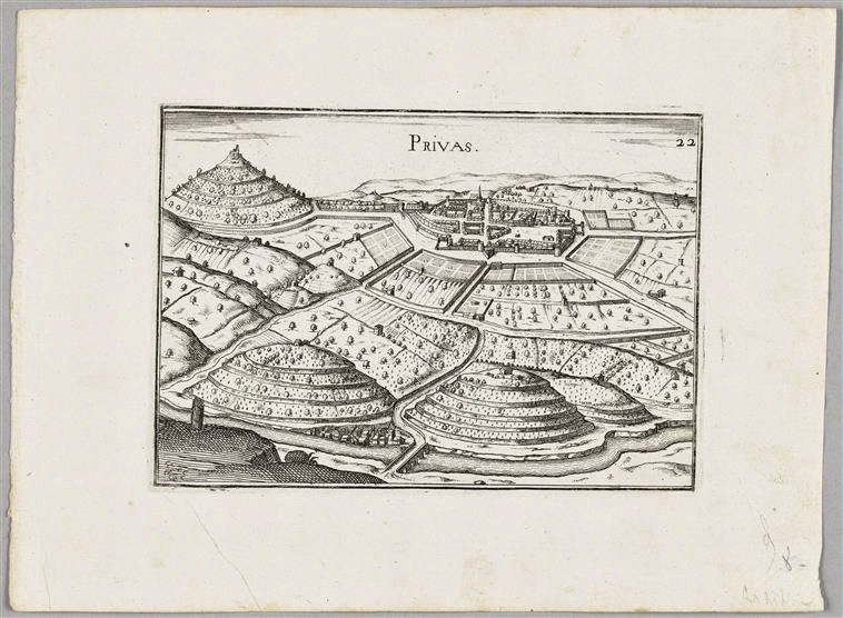 Privas (titre inscrit) ; Plan (titre inscrit) ; Recueil (factice) (Christophe Tassin: "Les plans et profils de toutes les principales villes et lieux considérables de France-Ensemble les cartes générales de chacune Province et particulières de chaque Gouvernement d'icelles", Paris, 1638 )