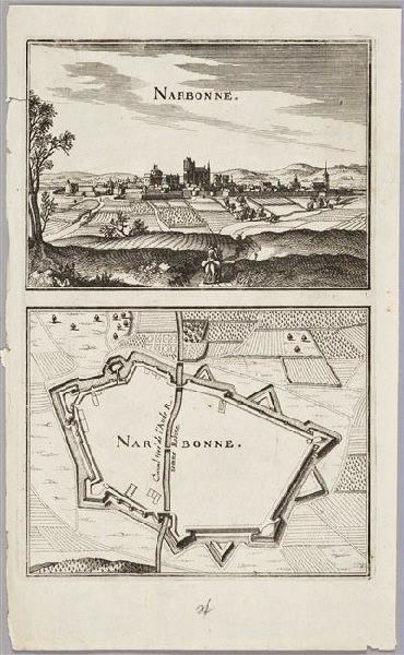 Narbonne, vue générale et carte ; Recueil (factice) (Martin Zeiller" Topographia Galliae", 1661 )