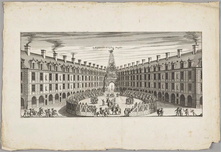 Amphithéâtre de la place Dauphine ; Recueil (factice) ( Jean Tronçon :"L'entrée triomphante de leurs maiestez Louis XIV. roy de France et de Navarre, et Marie Therese d'Austriche son espouse, dans la ville de Paris ... au retour de la signature de la paix generalle et de leur heureux mariage. (Paris, 1662) planche 14)