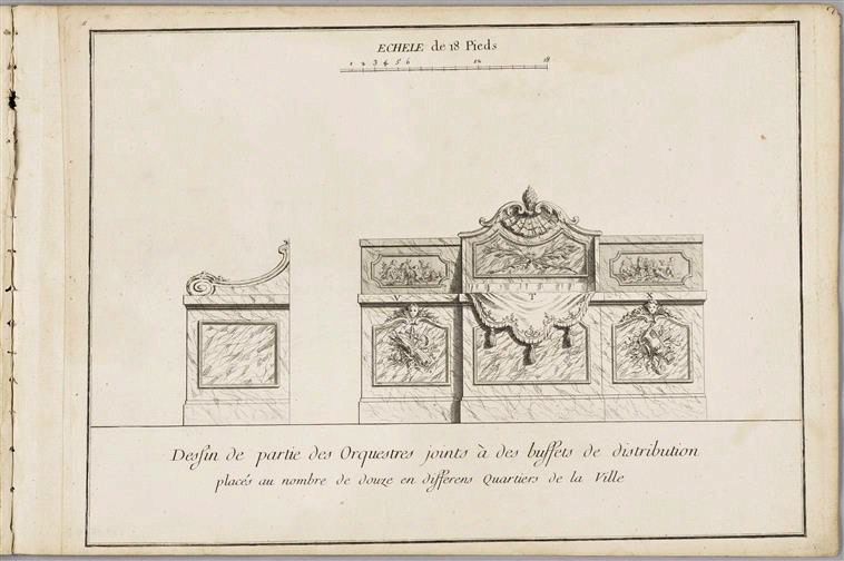 Dessins pour des fontaines ; Recueil (factice) (de six planches relatives à un feu d'artifice Autres titres : Plans et dessins des constructions et décorations ordonnées par la ville de Paris pour les réjouissances publiques (Titre de l'ensemble), Evènements divers par ordre chronologique et projets, constructions architecturales, feux d'artifice...conçus à l'occasion de certains de ces évènements (Titre de la série))