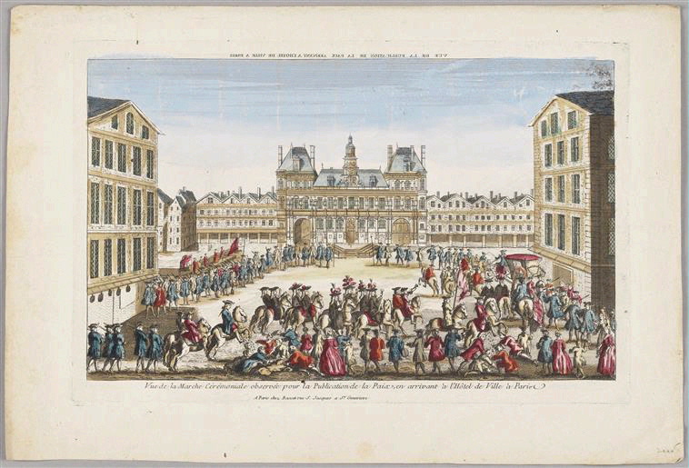 Marche cérémoniale devant l'Hôtel de Ville ; Vue d'optique ; Recueil (factice) ("Choix de vues d'optique des XVIII e et XIX e siècles", tome 2, Paris et quelques vues de lieux à l'étranger")