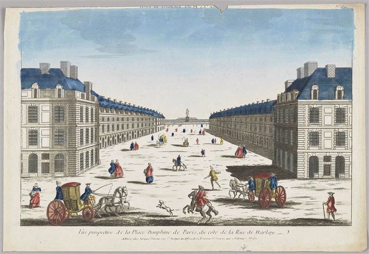 Vue perspective de la Place Dauphine de Paris (du côté de la Rue de Harlay)