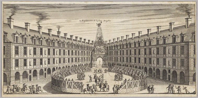 Amphithéâtre de la place Dauphine ; Album (factice) (Jean Tronçon : "L'entrée triomphante de leurs maiestez Louis XIV. roy de France et de Navarre, et Marie Therese d'Austriche son espouse, dans la ville de Paris ... au retour de la signature de la paix generalle et de leur heureux mariage. (Paris, 1662) planche 14)