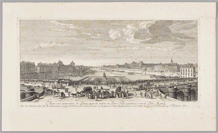 Paris- Le Pont- Neuf ; Recueil (factice) (Rigaud (J.). Recueil choisi des plus belles vues des palais, châteaux et maisons royales de Paris et ses environs, dessinées d'après Nature et gravées par J. Rigaud, au nombre de 129 pièces. Paris, Chereau-Basan, s. d. [après 1753], Planche N°20)