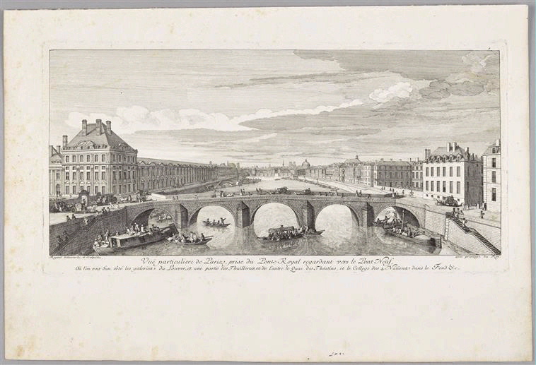 Paris- Le Pont- Neuf ; Recueil (factice)  Vue d'optique (Rigaud (J.). Recueil choisi des plus belles vues des palais, châteaux et maisons royales de Paris et ses environs, dessinées d'après Nature et gravées par J. Rigaud, au nombre de 129 pièces. Paris, Chereau-Basan, s. d. [après 1753],)