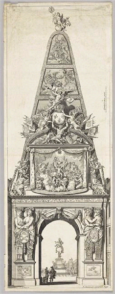 L'Obélisque de la place Dauphine (titre inscrit) ; Recueil (factice) (Appartient à : [Recueil. Collection Michel Hennin. Estampes relatives à l'Histoire de France. Tome 44, Pièces 3974-4028, période : 1660] )