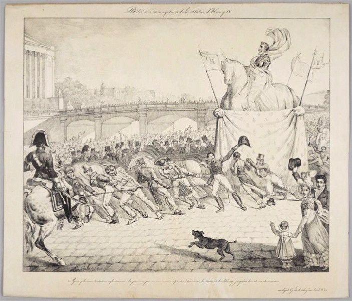 La statue d'Henri IV trainée par le peuple ; Recueil (factice) (Collection de Vinck:" Un siècle d'histoire de France par l'estampe, 1770-1870", vol 74, n°19716, Restauration et Cent-Jours)