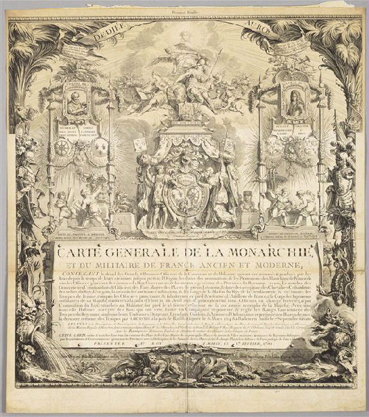 Carte générale de la Monarchie ("Carte générale de la Monarchie et du militaire de France ancien et moderne" dédiée au Roy par son très humble, très obéissant, très soumis et très fidèle sujet et serviteur P. Lemau de la Jaisse, de l'ordre royal de S.t Lazare et ancien officier de S. A. R. feue Madame )
