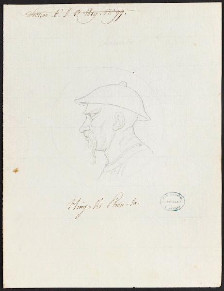 Portrait [Hing-Ki Phou Sa] ([Série de 14 têtes de potiers célèbres exécutées sur pièce, consacrée à l'illustration de cet art, notamment sur un vase cordelier 2e grandeur , fond de grand feu [?] écaille en 1819.])