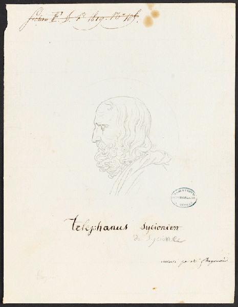 Portrait [Thelephanus] ([Série de 14 têtes de potiers célèbres exécutées sur pièce, consacrée à l'illustration de cet art, notamment sur un vase cordelier 2e grandeur , fond de grand feu [?] écaille en 1819.])